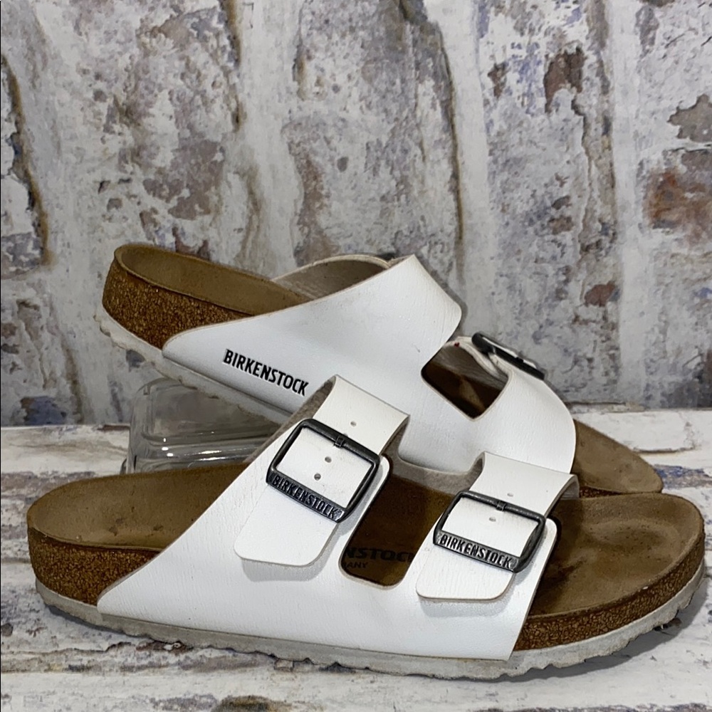 Birkenstock White Two-Strap Sandals with Cork Footbed